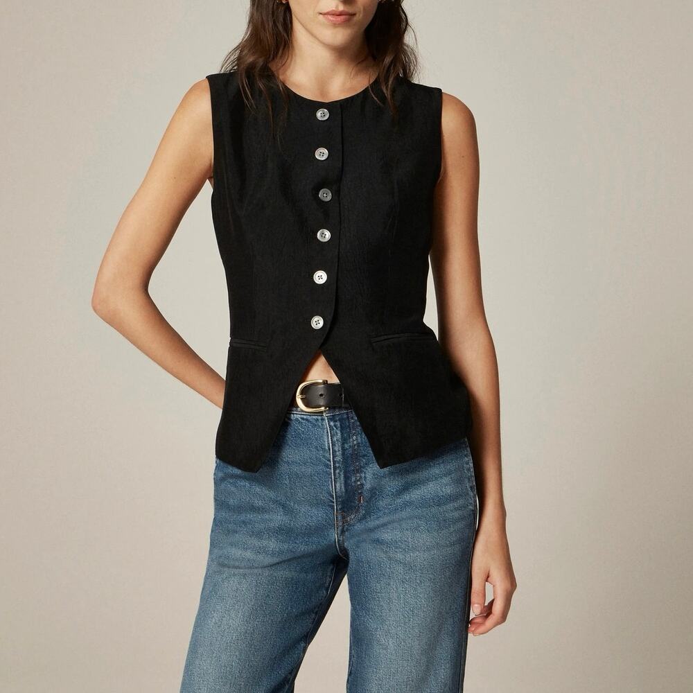 NWT J.Crew Essential Cutaway Vest Top In Textured Satin Career Black Size 4